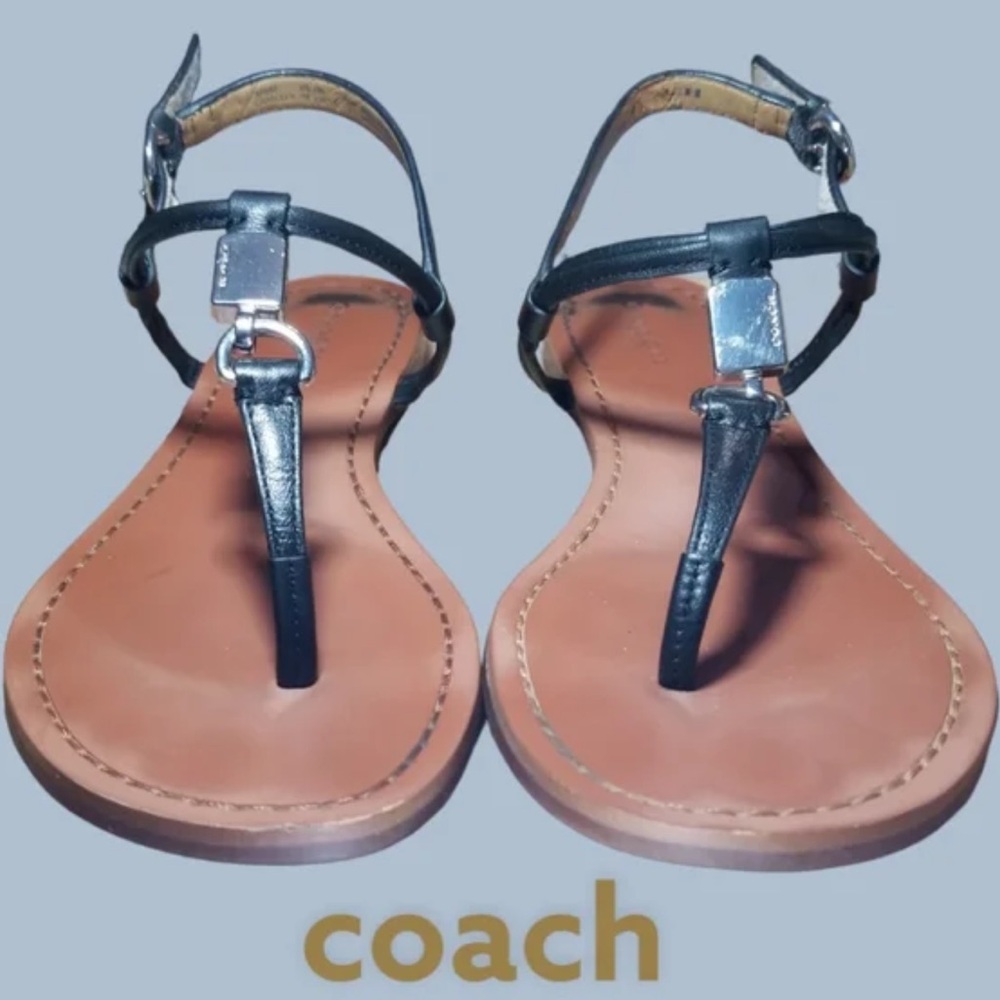 EUC Coach Charleen T Strap  Black and Tan Leather Sandals SZ 11B